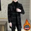 Casaco de Veludo de Mínk Dourado de Comprimento Médio para Homens, Trench Coat de Lã Listrado Espesso com Forro de Fleece para Inverno, Jaqueta de Lã Tendência Estilo Coreano