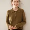Gola Polo Meio Botão Tricô de Caxemira Feminino Cor Lisa Manga Longa Elegante Casual Versátil Quente Suéter Base