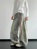 Jeans Retro Americanos Anchos Desgastados Tipo Cimitarra para Hombre con Diseño de Parches, Pantalones Rectos Deconstruidos Lavados de Longitud Completa