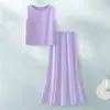 Chaleco sin mangas de acetato morado y falda de tiro alto para mujer, conjunto veraniego elegante adelgazante casual chic rejuvenecedor