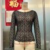 Camiseta Sexy Transparente de Renda e Tela Venda Quente Transfronteiriça Borda Ondulada Levemente Transparente Curta Slim Top Externo Su3450