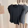 Gola Redonda Recorte Design de Nicho Fita Manga Curta Feminino Verão Ombro Direito Efeito Emagrecedor Top Estilo Coreano Camiseta Branca