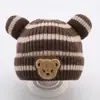 Ins Otoño e Invierno Estilo Coreano Sombreros Tejidos para Niños y Niñas Sombrero de Lana con Cabeza de Oso a Rayas para Bebé Sombrero Cálido Tipo Melón con Borde Enrollado