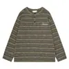 Camiseta Henley de Rayas Verdes Vintage de Manga Larga para Hombres y Mujeres, Top Casual Holgado de Capa de Moda Bordado