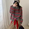 Chaqueta Suéter de Rayas Bloque de Color Cuello Redondo para Mujer Otoño Nuevo Estilo Coreano Holgado Perezoso Cardigan de Punto con Doble Cremallera