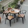 Mesas y sillas para terraza de jardín de villa a prueba de lluvia y sol, mesas y sillas de exterior, mesas redondas de plástico-madera, combinación de ocio, hierro forjado