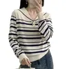 Suéter Pulóver Rayado Azul Marino Cuello Solapa para Mujer 2025 Nuevo Primavera Holgado Combinable Camisa Básica Manga Larga
