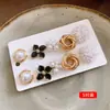 Conjunto de Brincos Stud Flor Pétala Pérola Gota de Óleo Europeu e Americano Prata com Strass Incrustado Luxo Leve Versátil Nicho Exquisito Joia para Orelha