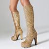 Botas Altas de Tacón Grueso con Lentejuelas de Comercio Exterior, Botas Largas Sexy de Tacón Alto Talla Grande Estilo Europeo y Americano, Fabricante de Origen, Tacón Ultra Alto, Suela Gruesa