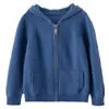 Cardigã com capuz de cashmere espessado de sete pontos, cor sólida simples, solto, casual, com zíper, para meninos e meninas, outono e inverno