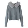 Suéter cárdigan con cremallera y cuello de piel sintética para mujer, europeo y americano, popular en AliExpress, versátil y moderno
