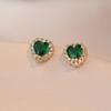 Aretes para Mujer Estilo Japonés y Coreano Modernos Simples Celebridad de Internet Diamante Flash Diseño Nicho Esmeralda Amor Zirconia Aretes para Mujer
