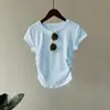 Camiseta Plisada de Cintura Estilo Europeo para Mujer, Verano 2026, Hombro Normal, Cuello Redondo, Petite, Dulce y Picante, Versátil, Adelgazante, Manga Corta
