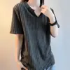 Camiseta de Manga Corta para Pareja Estilo Pequeño Chanel Espiga Cuello en V Manga Corta para Hombre Verano Retro Americano Estilo Perezoso Holgada Versátil