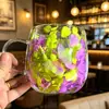 Taza de vidrio de doble capa con flores secas incrustadas, taza de cuerpo grande con asa, taza creativa de moda para café y leche con flor eterna para el hogar