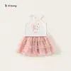 Bangxuan Roupa Infantil Meninas Verão Novo Conjunto Gola Redonda Estampada Regata Saia Bolo de Malha Multicamadas Conjunto Infantil Duas Peças