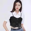 Camiseta Corta de Manga Abullonada Estilo Coreano para Mujer, Cintura Alta, Adelgazante, Borlas, Costuras de Mezclilla, Estilo Sal, Jersey de Punto de Manga Corta Streetwear para Mujer