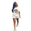 D9281 Amazon Caliente Moda Casual Europea y Americana para Mujer Color Sólido Estampado de Labios Manga Corta Conjunto de Dos Piezas
