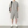 Conjunto de Manga Curta Waffle para Homens, Tamanho Grande, Camiseta Redonda Solta, Shorts Simples de Marca Tendência, Conjunto de Duas Peças Masculino