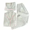 Pijama Estilo Coreano Ins Cuadros Azules para Estudiantes Tallas Grandes para Mujer, Estilo Primavera y Verano, Se Puede Usar Afuera, Conjunto Casual de Tres Piezas para Casa