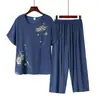 Pijama de Algodão e Linho para Mãe, Conjunto Feminino de Verão com Manga Curta, Roupa de Casa Casual Fina de Verão para Meia-Idade e Idosos
