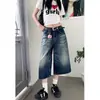 Shorts de mezclilla cropped lavados estilo retro americano para mujer, nuevo estilo verano 2026, cintura alta, holgados, adelgazantes, pantalones rectos de pierna ancha de longitud media