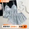 Conjunto de Pijama de Camisola de Seda para Mujer de Verano con Estampado Plateado, Cómodo Conjunto de Dos Piezas de Camisola y Shorts para Estar en Casa
