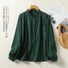 Foto Real de 2025 Nueva Camisa de Algodón de Cuello de Hongo Dulce de Otoño para Mujer, Camisa Literaria Jacquard de Manga Larga, Top de Color Puro