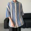 Cárdigan a Rayas de Contraste Retro Camisa de Manga Corta para Hombre Verano Tendencia Holgado Cuello Solapa Suéter Casual Estilo Delgado