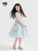 Roupas Infantis Yingsibo Verão Cor Sólida Vestido Sem Manga para Meninas Vestido Infantil Vestido de Comprimento Médio com Laço Vestido para Meninas