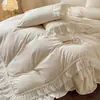 Estilo Princesa Francesa Juego de Cama de Cuatro Piezas 100% Algodón Lujo Ligero Retro Algodón Puro con Ribete de Encaje Funda Nórdica Estilo Falda de Cama Ropa de Cama para Dormitorio Principal