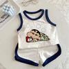 Conjunto de Verano para Niños con Estampado de Dibujos Animados Crayon Shin-Chan para Niños y Niñas Bebé Algodón Puro Sin Mangas Chaleco Shorts Conjunto de Dos Piezas