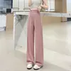 Calça de Seda de Gelo Cinza de Verão Wide Leg para Mulheres 2026 Novo Estilo Fluida Cintura Alta Emagrecedora Casual Solta Esportiva Fina