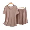 Conjunto de dos piezas de modal para mujer, nuevo modelo de primavera y verano, con cuello en V, manga corta y shorts, talla grande, holgado, casual, sencillo, para casa