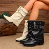 Botas de Pantalón de Pierna Ancha con Hebilla Metálica a Media Pantorrilla Moda Transfronteriza Talla Grande 2026 Otoño/Invierno Nuevo Llegada Punta Cuadrada Tacón Cuadrado Botas para Mujer En Stock
