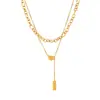Collar de doble capa cuadrado de acero inoxidable chapado en oro auténtico de 18 quilates con colgante de haba de acacia de Niche Design Sense Light Luxury Ins.