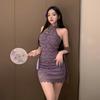 Lencería Divertida Sexy Hombros Descubiertos Cheongsam Nuevo Estilo Chino Botón Encaje Ajustado Estilo Pura Tentación Chal Morado 6487