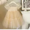 Vestido de Princesa Estilo Coreano 2023 para Niñas, Vestido de Verano para Bebés, Falda de Malla con Lentejuelas y Mangas Abullonadas con Dobladillo