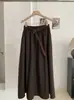 Saia casual midi solta versátil emagrecedora de cintura alta estilo coreano com cinto para mulheres 8637
