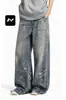 Calça Jeans Flare Impressa em 3D Yifeng High Street para Homens e Mulheres, Design de Nicho, Retro Indústria Pesada Perna Reta Solta Calça Longa