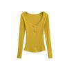 Camiseta feminina estilo americano retrô com botões, decote em V, manga comprida, ombro, primavera, garota quente, slim fit, base plissada interna, top