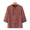 Camisa de Primavera para Mãe, Roupas para Mulheres de Meia-Idade e Idosas, Nova Camisa Estampada Estilo Chinês com Gola de Botão, Caimento Solto, Valoriza a Silhueta, Gola Alta, Top Elegante e Versátil
