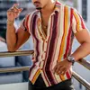 Camisa nueva para hombre de estilo transfronterizo, fresca, a rayas, impresión digital 3D, cárdigan casual hawaiano de manga corta
