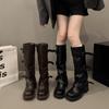 Botas Longas Franzesas de Salto Grosso Plataforma com Fivela de Cinto Franzidas 2025 Nova Doce Cool Picante Menina Botas Empilhadas Botas de Cavaleiro