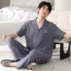 Pijama masculino de gaze dupla camada feito de tecido 100% algodão puro, roupa de casa de algodão para bebê, pijama masculino de verão com manga curta e calça longa