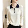 2026 Verão Nova Camisa Slim Fit Emagrecedora Top Estilo College com Gola Reversível em Cor Contrastante Manga Longa Meio Botão Suéter de Tricô para Mulheres