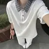 Camisa Polo Falsa de Dos Piezas Estilo Americano para Hombre, Diseño de Verano con Cuello Campana, Cuello de Camisa a Cuadros y Camiseta de Manga Corta