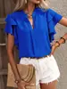 2025 Amazon Europeo y Americano transfronterizo ropa de mujer verano nuevo cuello en V casual manga con volantes de doble capa top de camisa de color liso