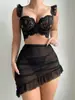 Conjunto de Lencería Sexy Transparente de Encaje Europeo y Americano para Mujer Sujetador Push-up Falda Mini de Malla con Volantes Transfronterizo Erótico de Dos Piezas
