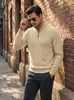Suéter de malha masculino listrado com textura waffle para primavera e outono, de manga comprida, com meio zíper e gola alta, estilo sweatshirt americano